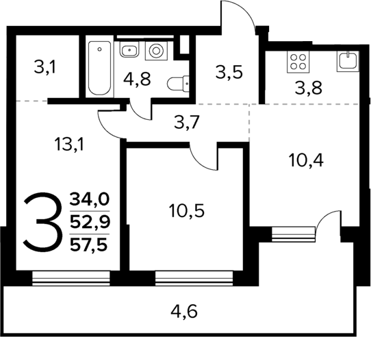 Планировка — Новые Ватутинки Квартал у реки, 3-комн., 53 м²