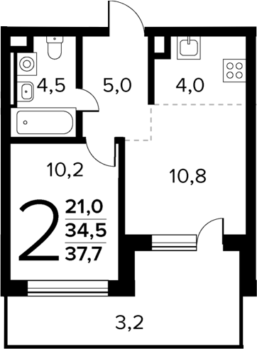 Планировка — Новые Ватутинки Квартал у реки, 2-комн., 35 м²