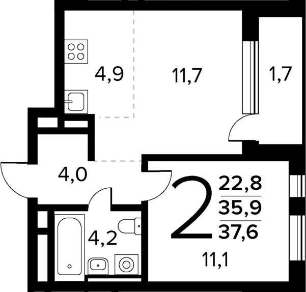 Планировка — Новые Ватутинки Квартал у реки, 2-комн., 36 м²