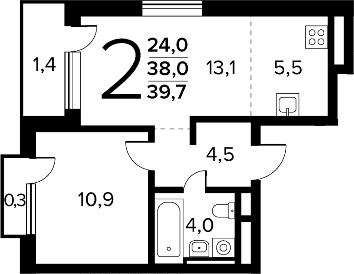 Планировка — Новые Ватутинки Квартал у реки, 2-комн., 38 м²