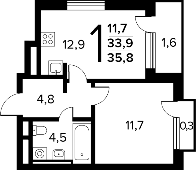 Планировка — Новые Ватутинки Квартал у реки, 1-комн., 34 м²