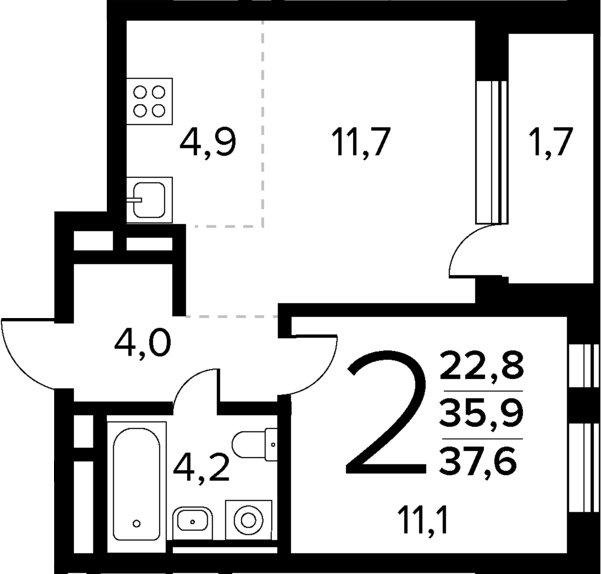 Планировка — Новые Ватутинки Квартал у реки, 2-комн., 36 м²