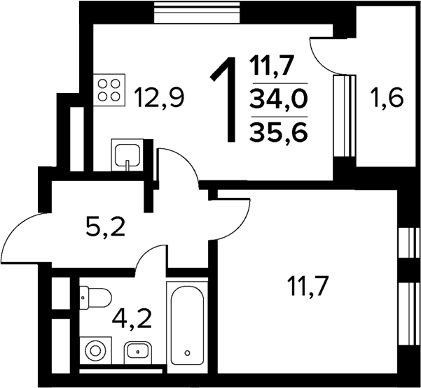 Планировка — Новые Ватутинки Квартал у реки, 1-комн., 34 м²