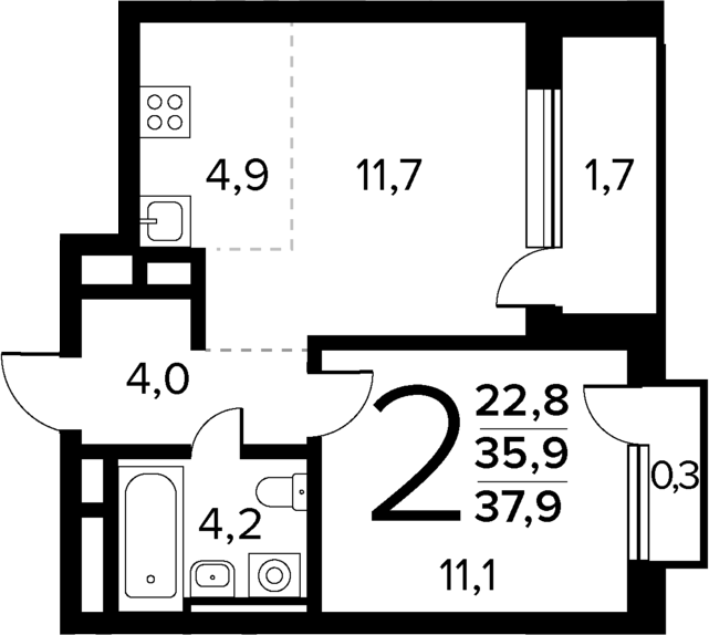 Планировка — Новые Ватутинки Квартал у реки, 2-комн., 36 м²