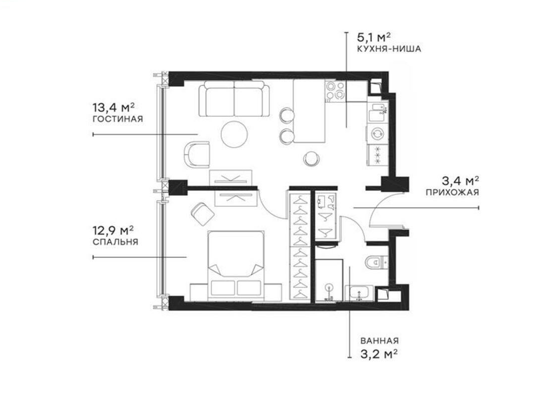 Планировка — Симфония 34, 2-комн., 38 м²