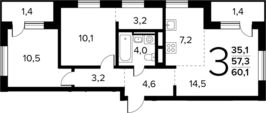 Планировка — Новые Ватутинки Квартал у реки, 3-комн., 57 м²
