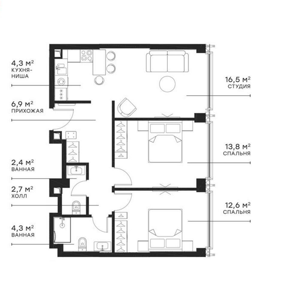 Планировка — Симфония 34, 3-комн., 64 м²