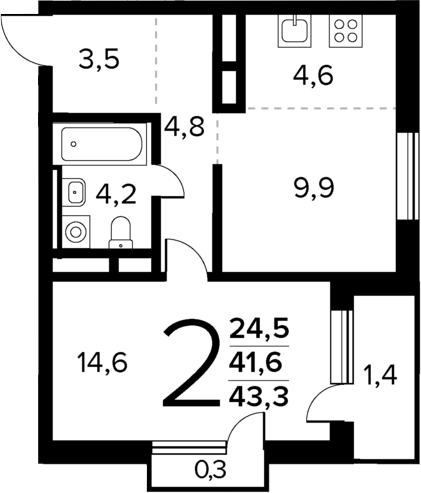 Планировка — Новые Ватутинки Квартал у реки, 2-комн., 42 м²