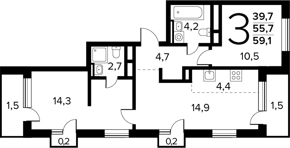 Планировка — Новые Ватутинки Квартал у реки, 3-комн., 56 м²