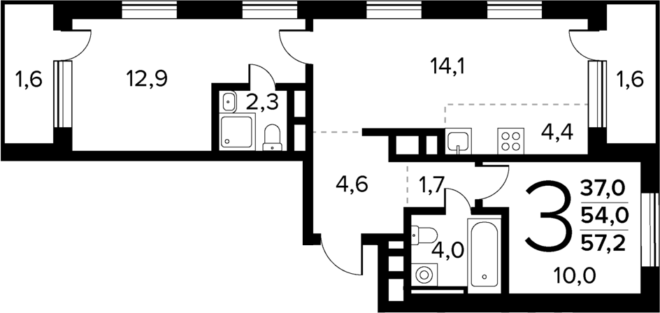 Планировка — Новые Ватутинки Квартал у реки, 3-комн., 54 м²