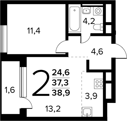 Планировка — Новые Ватутинки Квартал у реки, 2-комн., 37 м²