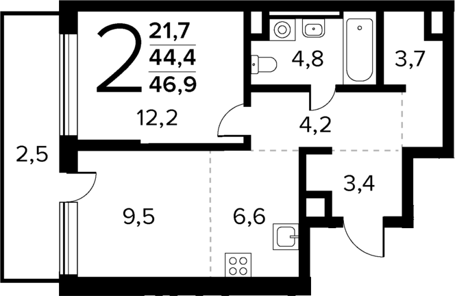 Планировка — Новые Ватутинки Квартал у реки, 2-комн., 44 м²