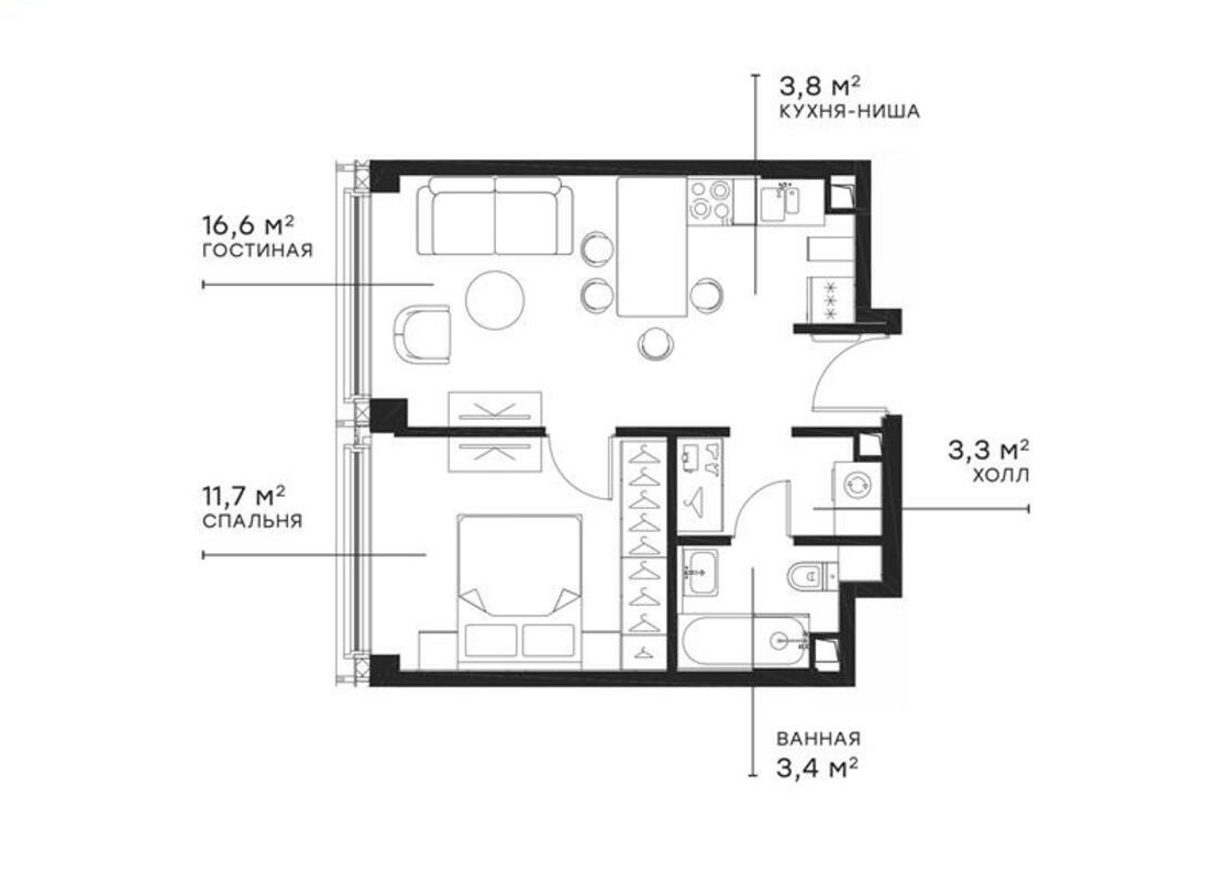 Планировка — Симфония 34, 2-комн., 39 м²