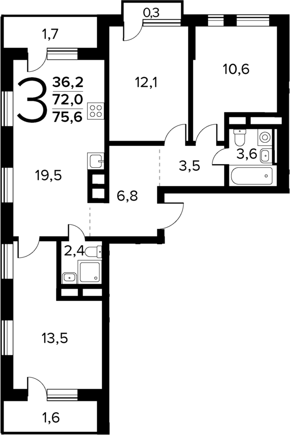 Планировка — Новые Ватутинки Квартал у реки, 3-комн., 72 м²