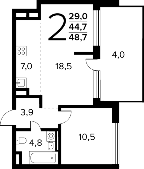 Планировка — Новые Ватутинки Квартал у реки, 2-комн., 45 м²