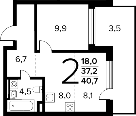Планировка — Новые Ватутинки Квартал у реки, 2-комн., 37 м²