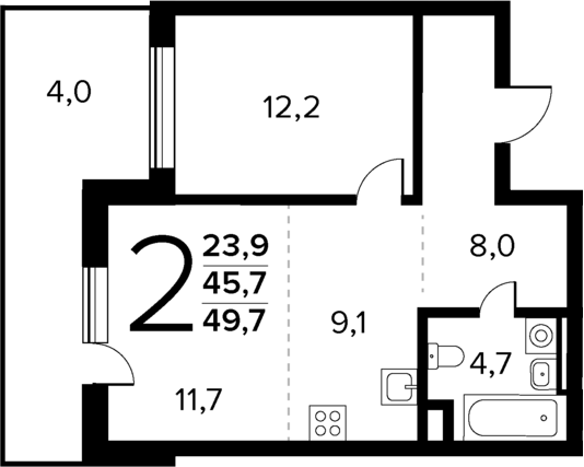 Планировка — Новые Ватутинки Квартал у реки, 2-комн., 46 м²