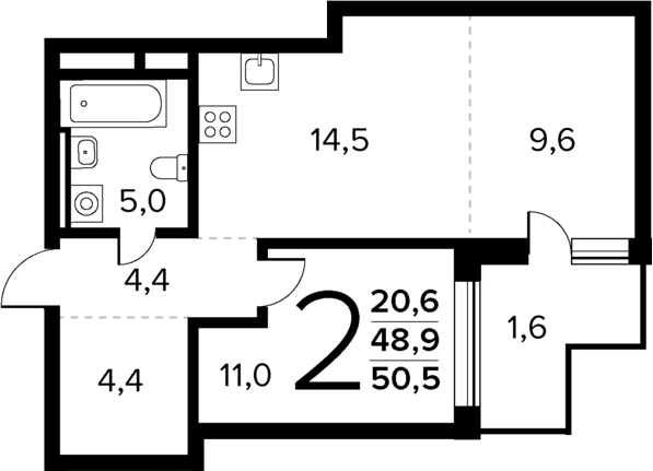 Планировка — Новые Ватутинки Квартал у реки, 2-комн., 49 м²