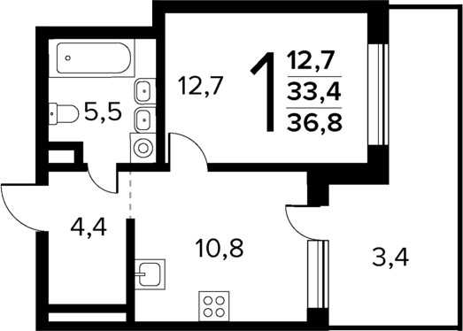 Планировка — Новые Ватутинки Квартал у реки, 1-комн., 33 м²
