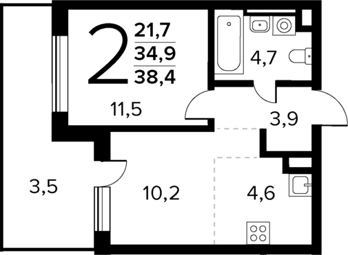 Планировка — Новые Ватутинки Квартал у реки, 2-комн., 35 м²