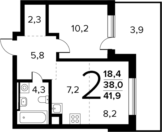 Планировка — Новые Ватутинки Квартал у реки, 2-комн., 38 м²