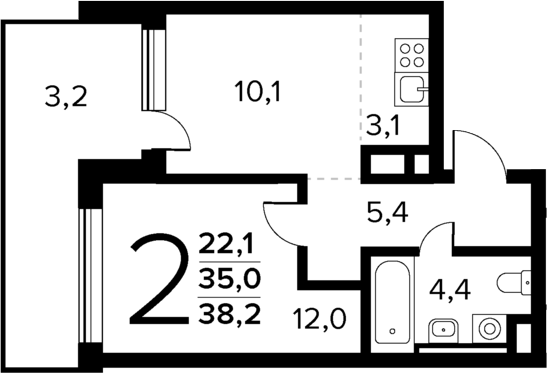 Планировка — Новые Ватутинки Квартал у реки, 2-комн., 35 м²