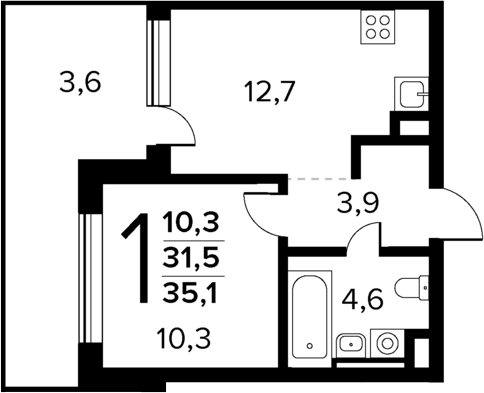 Планировка — Новые Ватутинки Квартал у реки, 1-комн., 32 м²