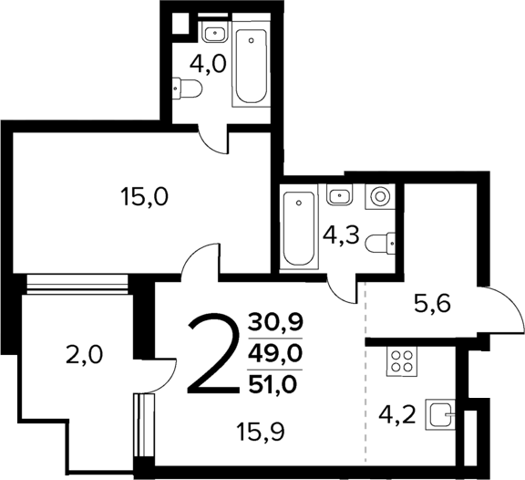 Планировка — Новые Ватутинки Квартал у реки, 2-комн., 49 м²