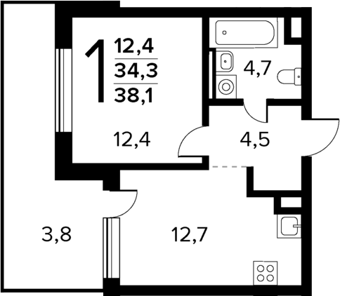 Планировка — Новые Ватутинки Квартал у реки, 1-комн., 34 м²