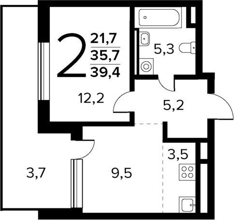 Планировка — Новые Ватутинки Квартал у реки, 2-комн., 36 м²