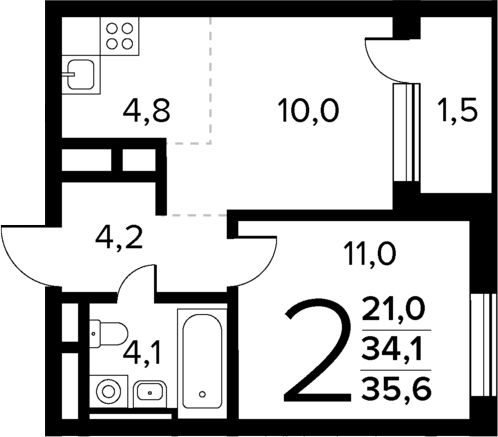 Планировка — Новые Ватутинки Квартал у реки, 2-комн., 34 м²
