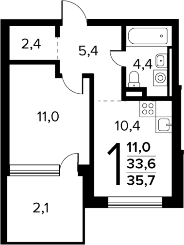 Планировка — Новые Ватутинки Квартал у реки, 1-комн., 34 м²