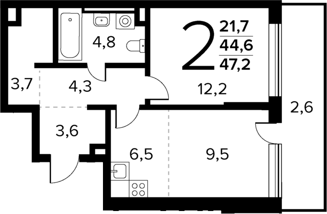 Планировка — Новые Ватутинки Квартал у реки, 2-комн., 45 м²