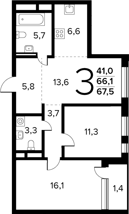 Планировка — Новые Ватутинки Квартал у реки, 3-комн., 66 м²