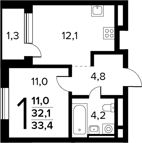 Планировка — Новые Ватутинки Квартал у реки, 1-комн., 32 м²