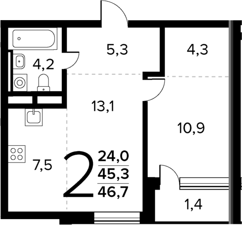Планировка — Новые Ватутинки Квартал у реки, 2-комн., 45 м²