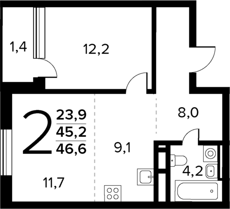 Планировка — Новые Ватутинки Квартал у реки, 2-комн., 45 м²