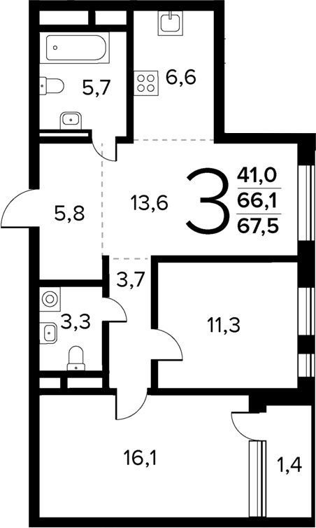 Планировка — Новые Ватутинки Квартал у реки, 3-комн., 66 м²