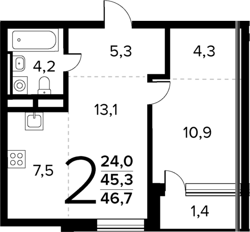 Планировка — Новые Ватутинки Квартал у реки, 2-комн., 45 м²