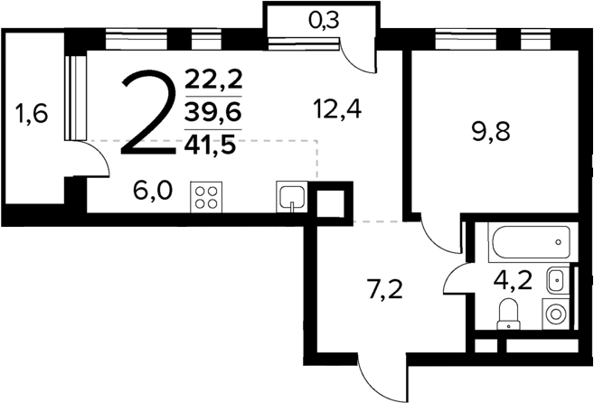 Планировка — Новые Ватутинки Квартал у реки, 2-комн., 40 м²