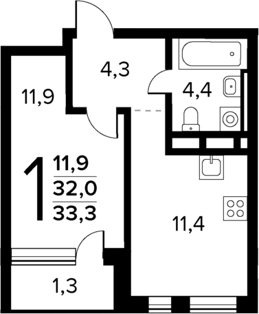 Планировка — Новые Ватутинки Квартал у реки, 1-комн., 32 м²
