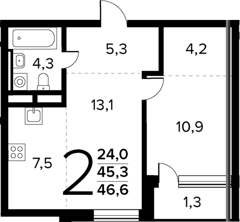 Планировка — Новые Ватутинки Квартал у реки, 2-комн., 45 м²