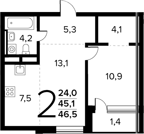 Планировка — Новые Ватутинки Квартал у реки, 2-комн., 45 м²