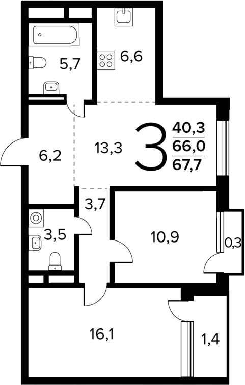 Планировка — Новые Ватутинки Квартал у реки, 3-комн., 66 м²