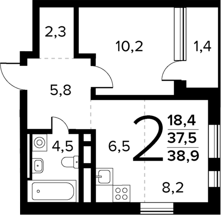 Планировка — Новые Ватутинки Квартал у реки, 2-комн., 38 м²