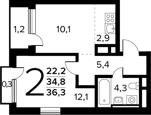 Планировка — Новые Ватутинки Квартал у реки, 2-комн., 35 м²
