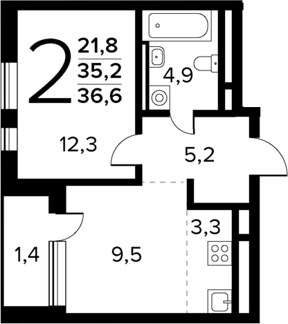Планировка — Новые Ватутинки Квартал у реки, 2-комн., 35 м²