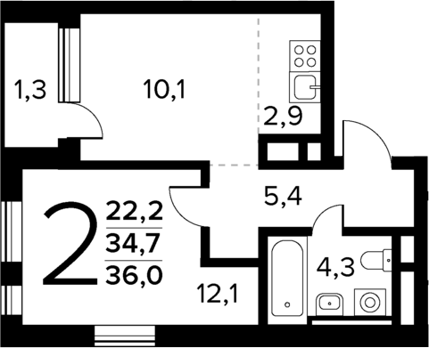 Планировка — Новые Ватутинки Квартал у реки, 2-комн., 35 м²