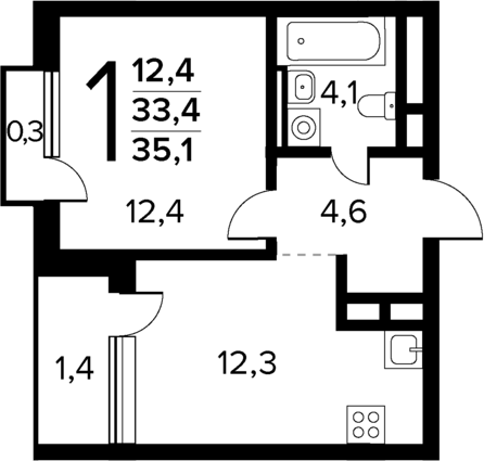 Планировка — Новые Ватутинки Квартал у реки, 1-комн., 33 м²
