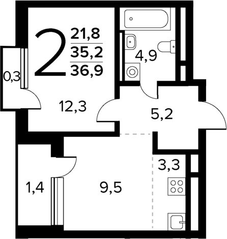 Планировка — Новые Ватутинки Квартал у реки, 2-комн., 35 м²